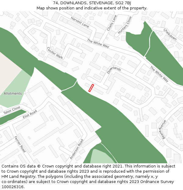 74, DOWNLANDS, STEVENAGE, SG2 7BJ: Location map and indicative extent of plot