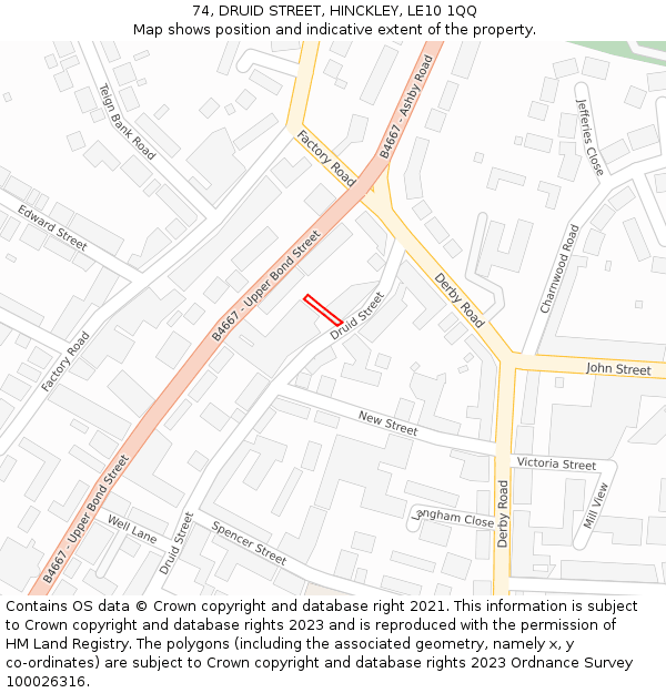 74, DRUID STREET, HINCKLEY, LE10 1QQ: Location map and indicative extent of plot