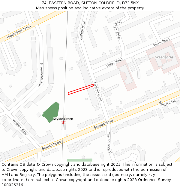 74, EASTERN ROAD, SUTTON COLDFIELD, B73 5NX: Location map and indicative extent of plot