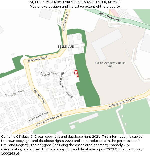 74, ELLEN WILKINSON CRESCENT, MANCHESTER, M12 4JU: Location map and indicative extent of plot