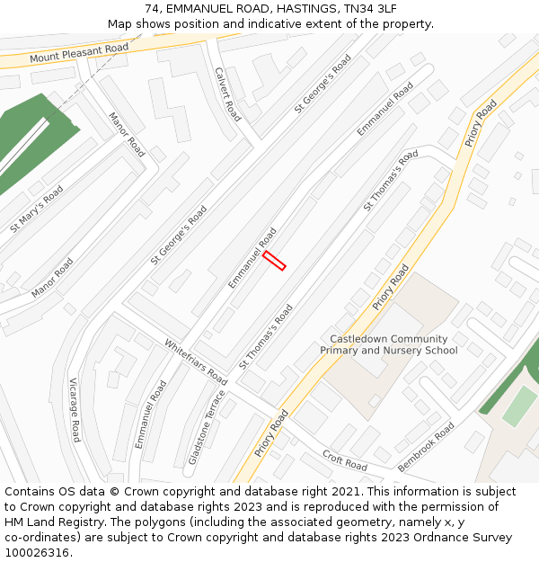 74, EMMANUEL ROAD, HASTINGS, TN34 3LF: Location map and indicative extent of plot