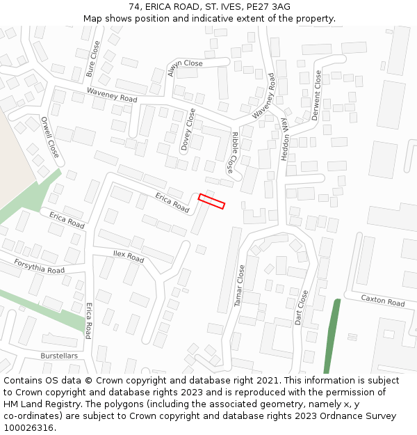 74, ERICA ROAD, ST. IVES, PE27 3AG: Location map and indicative extent of plot