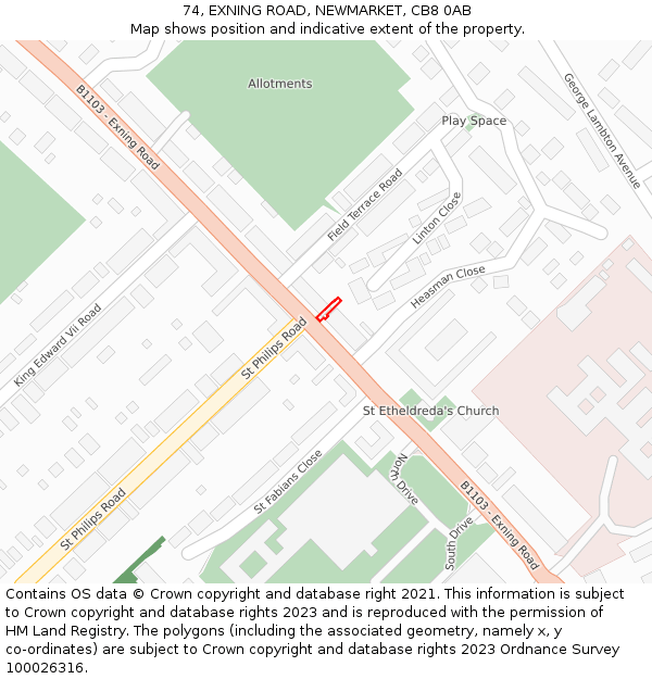 74, EXNING ROAD, NEWMARKET, CB8 0AB: Location map and indicative extent of plot
