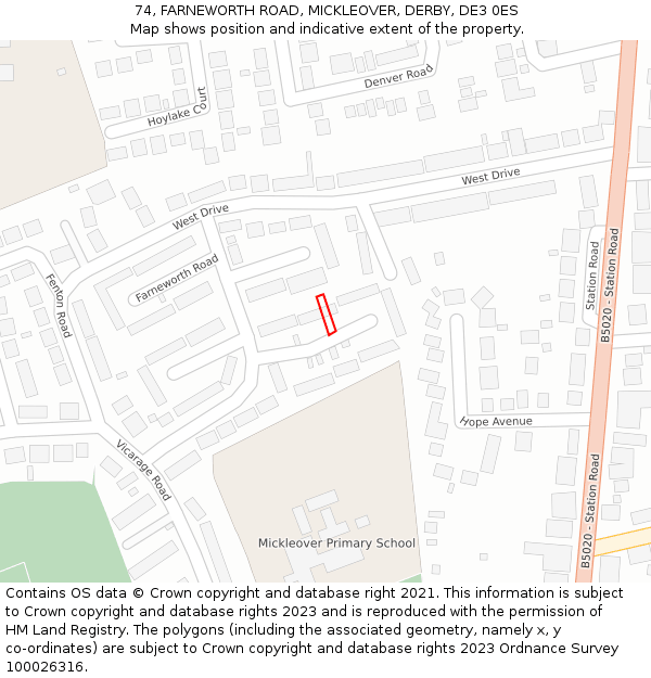 74, FARNEWORTH ROAD, MICKLEOVER, DERBY, DE3 0ES: Location map and indicative extent of plot