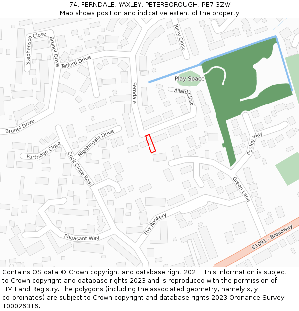 74, FERNDALE, YAXLEY, PETERBOROUGH, PE7 3ZW: Location map and indicative extent of plot