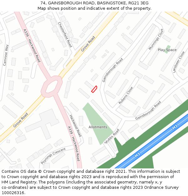 74, GAINSBOROUGH ROAD, BASINGSTOKE, RG21 3EG: Location map and indicative extent of plot