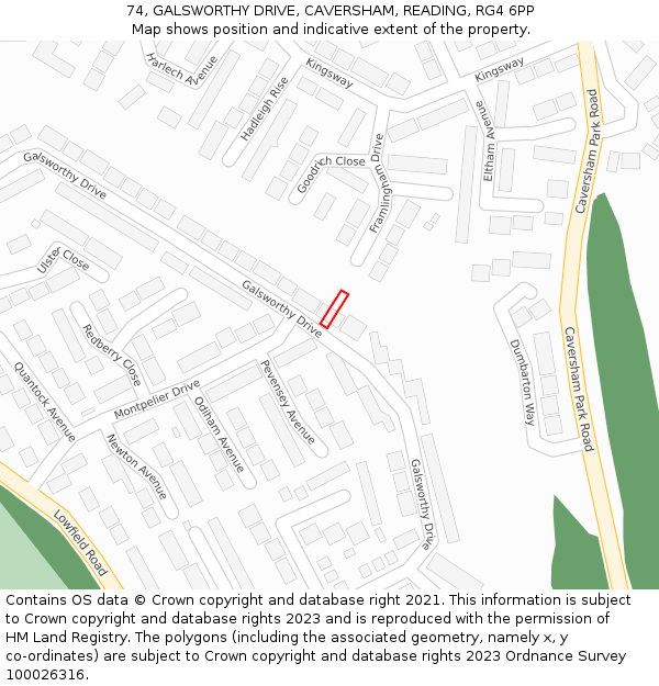 74, GALSWORTHY DRIVE, CAVERSHAM, READING, RG4 6PP: Location map and indicative extent of plot