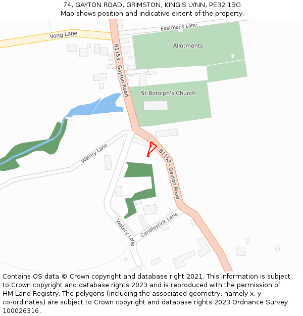 74, GAYTON ROAD, GRIMSTON, KING'S LYNN, PE32 1BG: Location map and indicative extent of plot