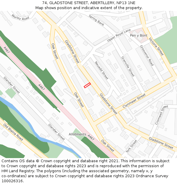 74, GLADSTONE STREET, ABERTILLERY, NP13 1NE: Location map and indicative extent of plot