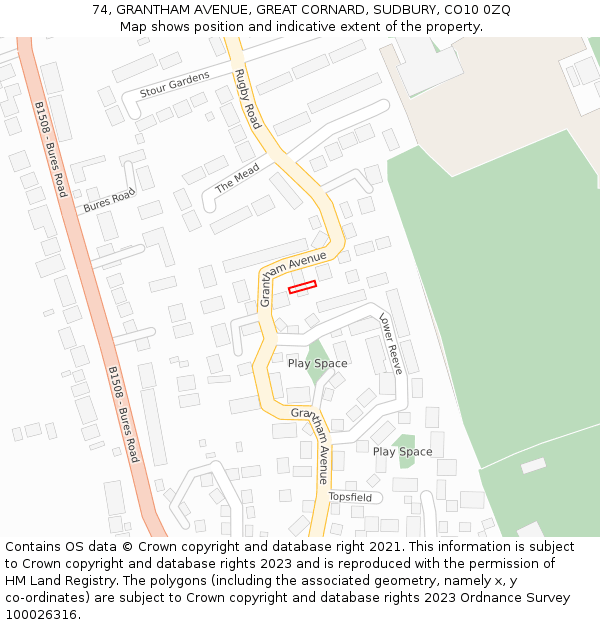 74, GRANTHAM AVENUE, GREAT CORNARD, SUDBURY, CO10 0ZQ: Location map and indicative extent of plot