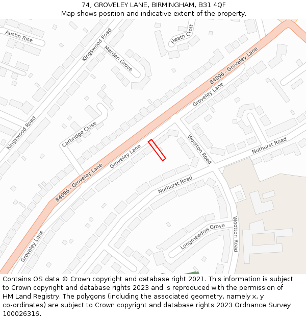 74, GROVELEY LANE, BIRMINGHAM, B31 4QF: Location map and indicative extent of plot