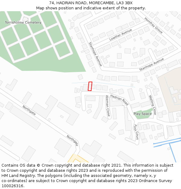74, HADRIAN ROAD, MORECAMBE, LA3 3BX: Location map and indicative extent of plot