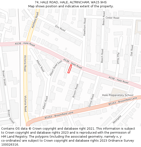 74, HALE ROAD, HALE, ALTRINCHAM, WA15 9HS: Location map and indicative extent of plot