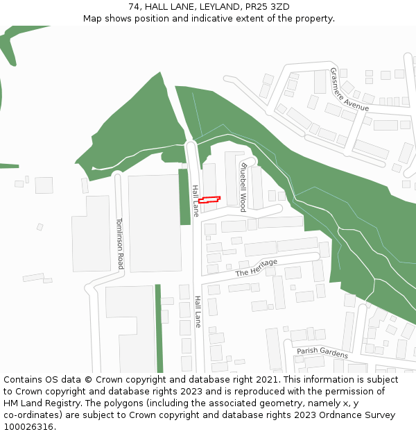 74, HALL LANE, LEYLAND, PR25 3ZD: Location map and indicative extent of plot