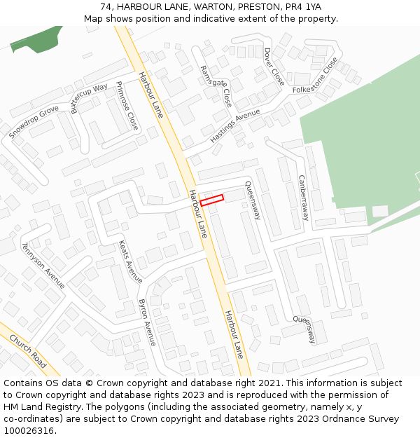 74, HARBOUR LANE, WARTON, PRESTON, PR4 1YA: Location map and indicative extent of plot