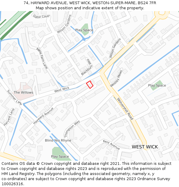 74, HAYWARD AVENUE, WEST WICK, WESTON-SUPER-MARE, BS24 7FR: Location map and indicative extent of plot