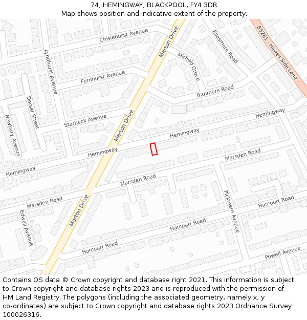 74, HEMINGWAY, BLACKPOOL, FY4 3DR: Location map and indicative extent of plot