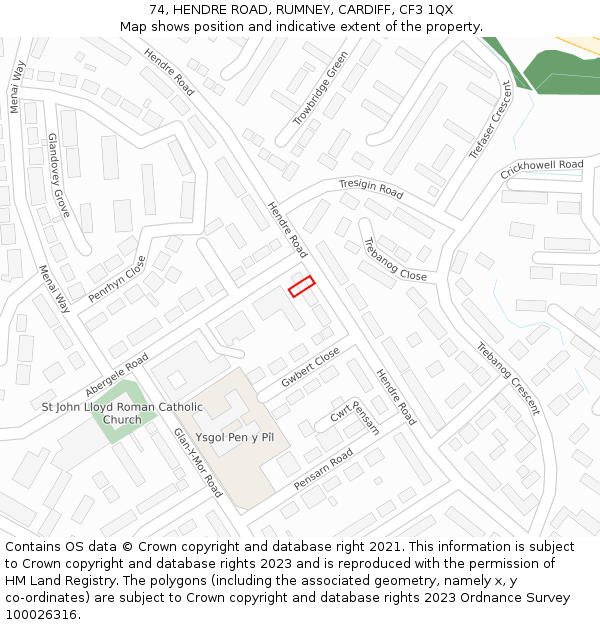 74, HENDRE ROAD, RUMNEY, CARDIFF, CF3 1QX: Location map and indicative extent of plot