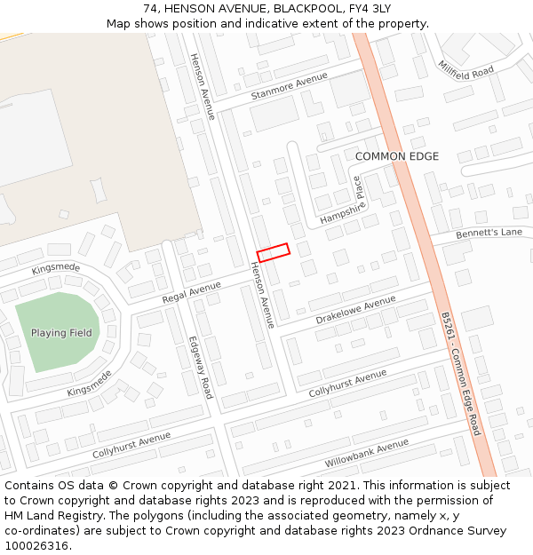 74, HENSON AVENUE, BLACKPOOL, FY4 3LY: Location map and indicative extent of plot