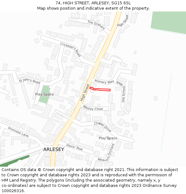 74, HIGH STREET, ARLESEY, SG15 6SL: Location map and indicative extent of plot