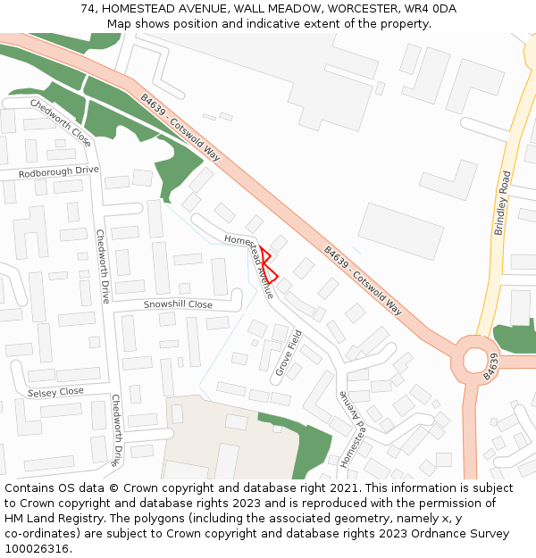 74, HOMESTEAD AVENUE, WALL MEADOW, WORCESTER, WR4 0DA: Location map and indicative extent of plot
