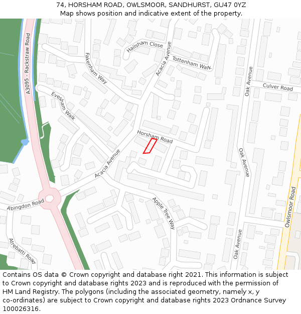 74, HORSHAM ROAD, OWLSMOOR, SANDHURST, GU47 0YZ: Location map and indicative extent of plot