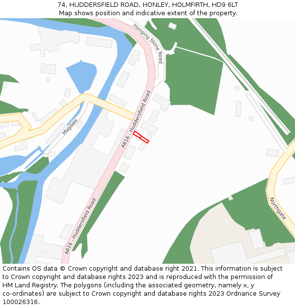 74, HUDDERSFIELD ROAD, HONLEY, HOLMFIRTH, HD9 6LT: Location map and indicative extent of plot