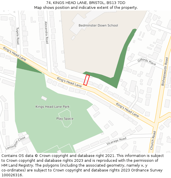 74, KINGS HEAD LANE, BRISTOL, BS13 7DD: Location map and indicative extent of plot