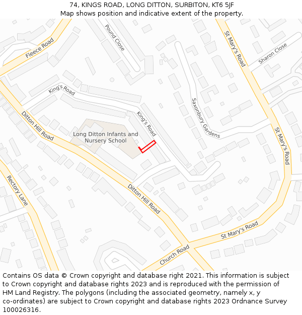 74, KINGS ROAD, LONG DITTON, SURBITON, KT6 5JF: Location map and indicative extent of plot
