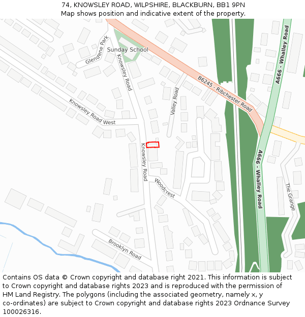 74, KNOWSLEY ROAD, WILPSHIRE, BLACKBURN, BB1 9PN: Location map and indicative extent of plot