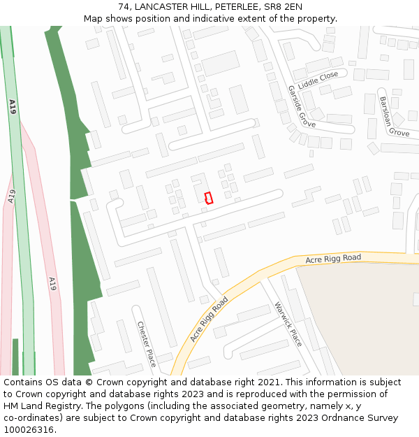74, LANCASTER HILL, PETERLEE, SR8 2EN: Location map and indicative extent of plot