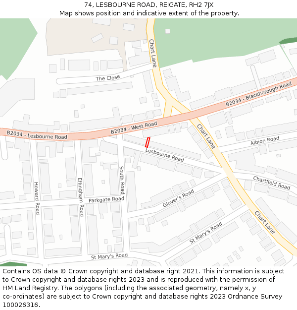 74, LESBOURNE ROAD, REIGATE, RH2 7JX: Location map and indicative extent of plot