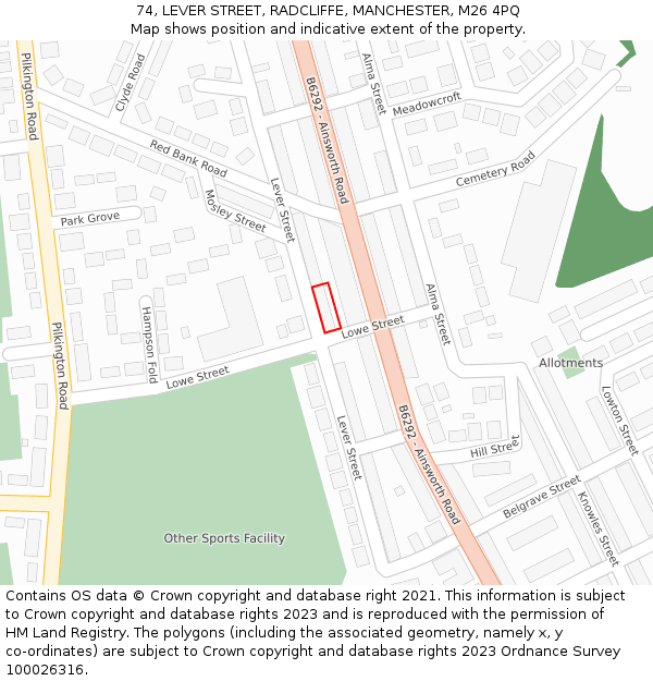74, LEVER STREET, RADCLIFFE, MANCHESTER, M26 4PQ: Location map and indicative extent of plot