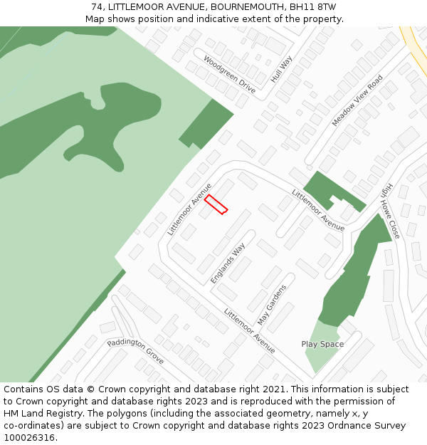 74, LITTLEMOOR AVENUE, BOURNEMOUTH, BH11 8TW: Location map and indicative extent of plot