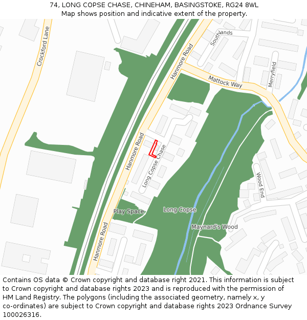 74, LONG COPSE CHASE, CHINEHAM, BASINGSTOKE, RG24 8WL: Location map and indicative extent of plot