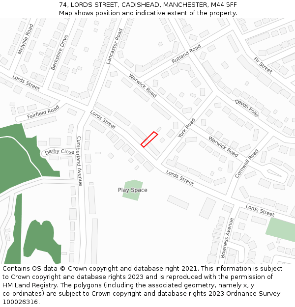 74, LORDS STREET, CADISHEAD, MANCHESTER, M44 5FF: Location map and indicative extent of plot