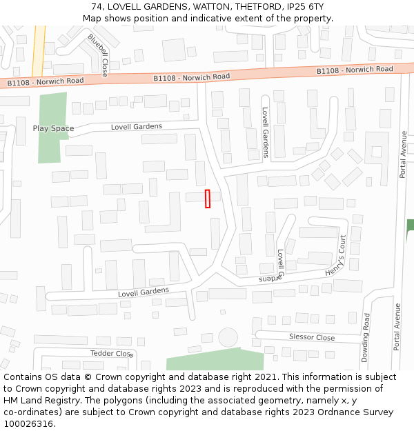 74, LOVELL GARDENS, WATTON, THETFORD, IP25 6TY: Location map and indicative extent of plot