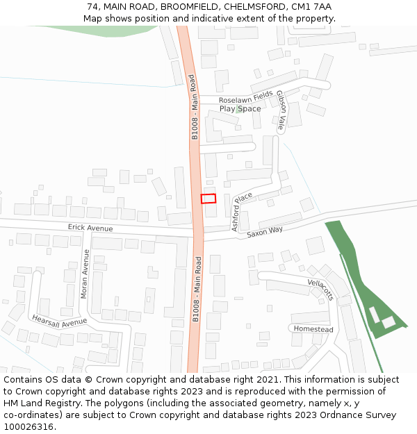 74, MAIN ROAD, BROOMFIELD, CHELMSFORD, CM1 7AA: Location map and indicative extent of plot