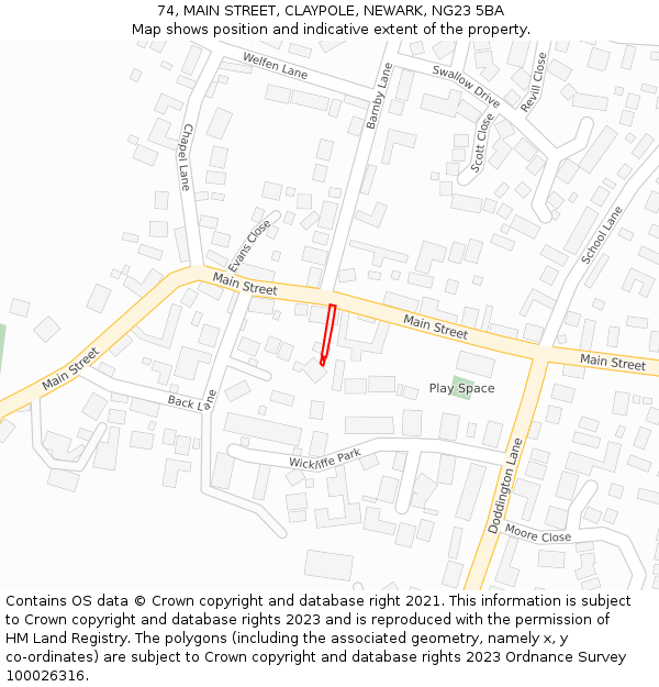 74, MAIN STREET, CLAYPOLE, NEWARK, NG23 5BA: Location map and indicative extent of plot