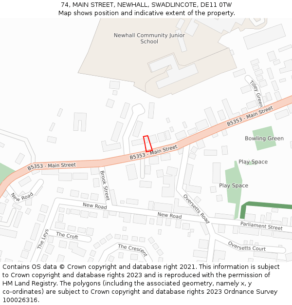 74, MAIN STREET, NEWHALL, SWADLINCOTE, DE11 0TW: Location map and indicative extent of plot