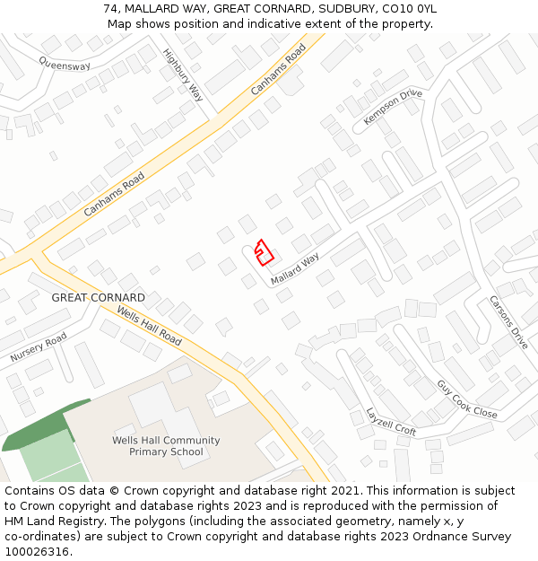 74, MALLARD WAY, GREAT CORNARD, SUDBURY, CO10 0YL: Location map and indicative extent of plot