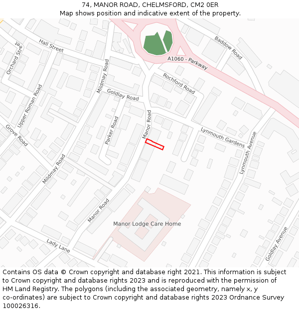74, MANOR ROAD, CHELMSFORD, CM2 0ER: Location map and indicative extent of plot