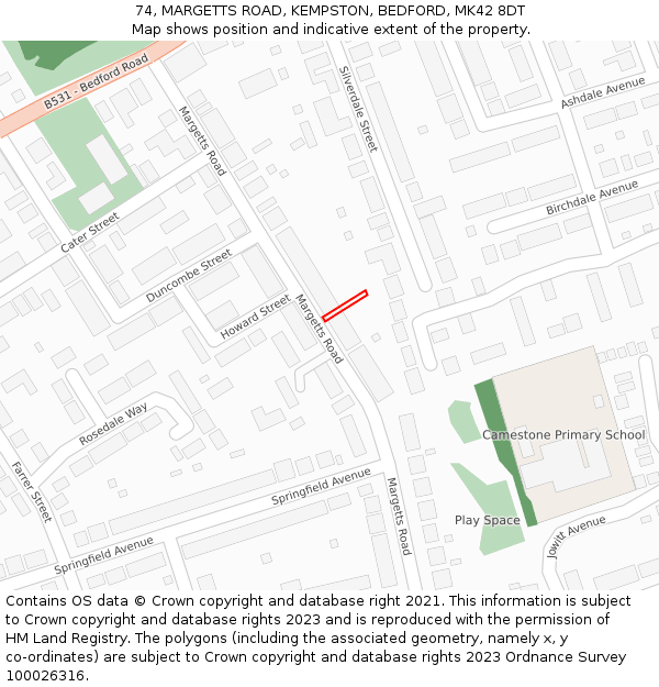 74, MARGETTS ROAD, KEMPSTON, BEDFORD, MK42 8DT: Location map and indicative extent of plot
