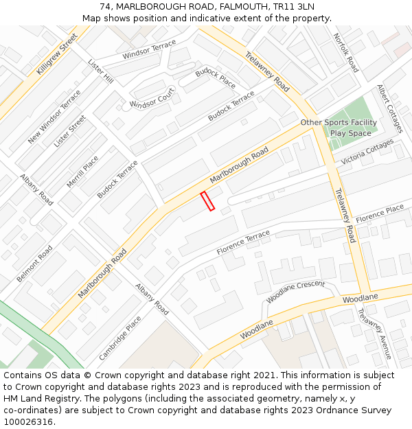 74, MARLBOROUGH ROAD, FALMOUTH, TR11 3LN: Location map and indicative extent of plot