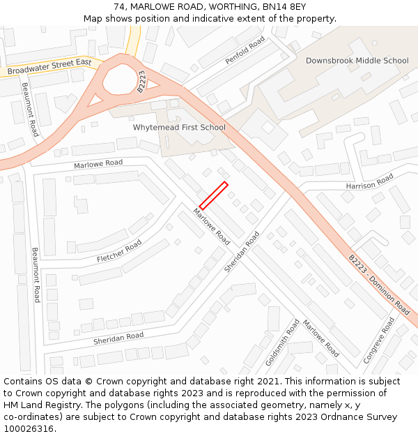 74, MARLOWE ROAD, WORTHING, BN14 8EY: Location map and indicative extent of plot