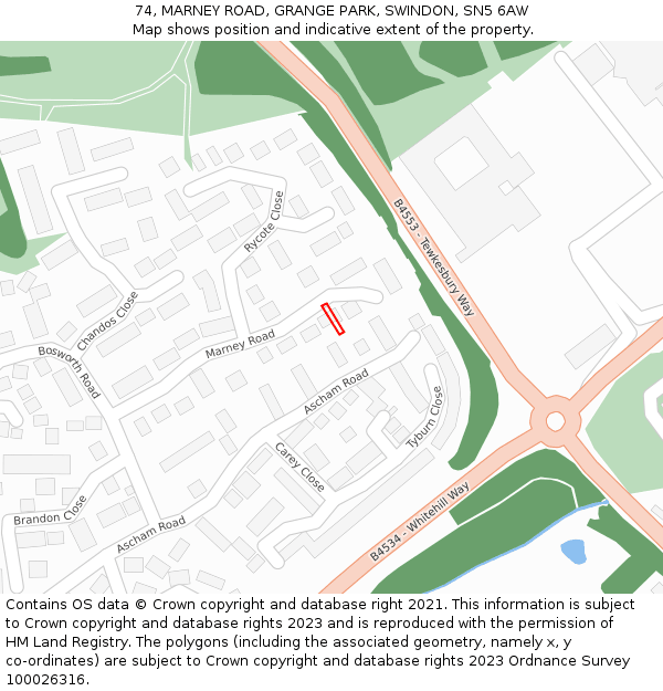 74, MARNEY ROAD, GRANGE PARK, SWINDON, SN5 6AW: Location map and indicative extent of plot