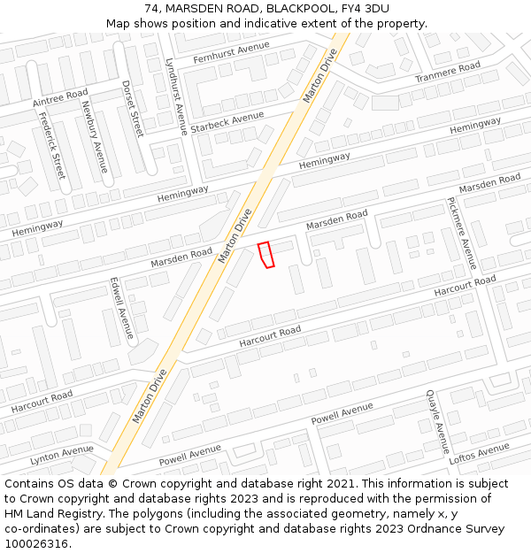 74, MARSDEN ROAD, BLACKPOOL, FY4 3DU: Location map and indicative extent of plot