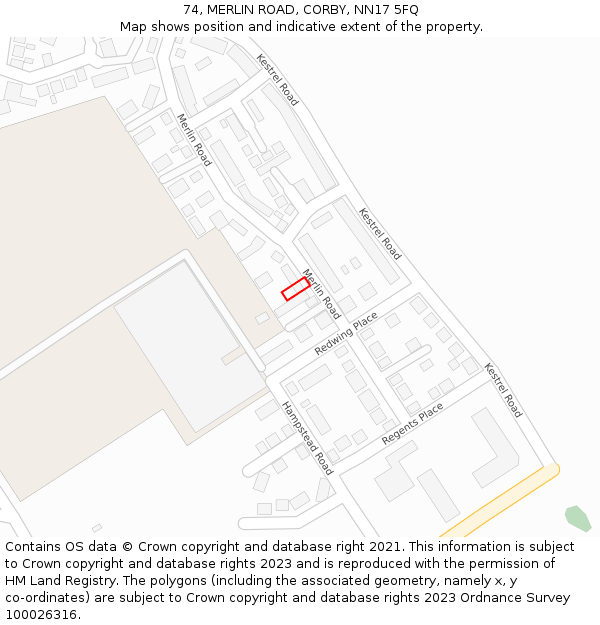 74, MERLIN ROAD, CORBY, NN17 5FQ: Location map and indicative extent of plot