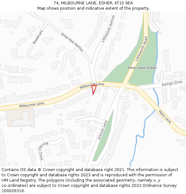 74, MILBOURNE LANE, ESHER, KT10 9EA: Location map and indicative extent of plot