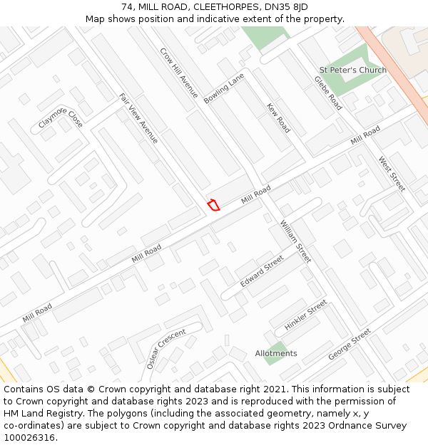74, MILL ROAD, CLEETHORPES, DN35 8JD: Location map and indicative extent of plot